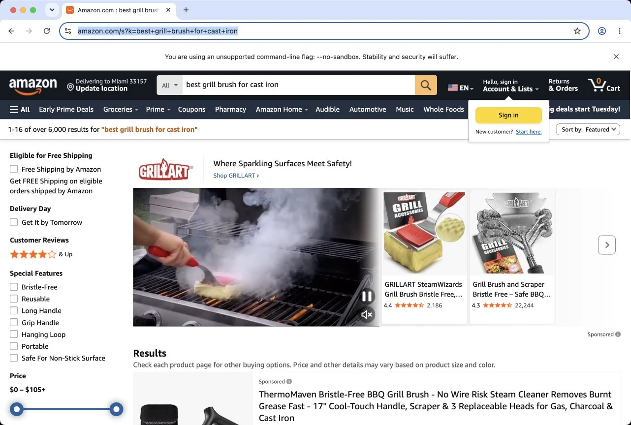 The real, separate Chrome window the app opens to browse live Amazon search results during research