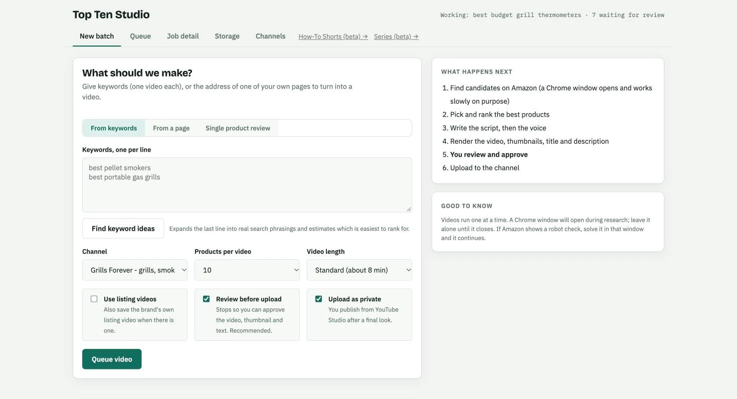 Top Ten Studio dashboard: queue a new video from keywords, choose channel and products-per-video