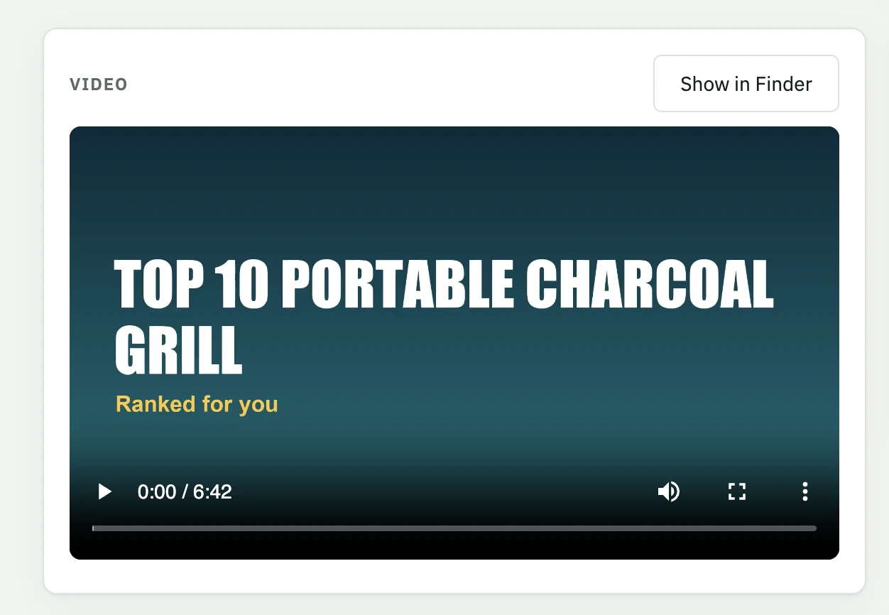 Finished video playing, with its auto-generated title card, from a real completed job