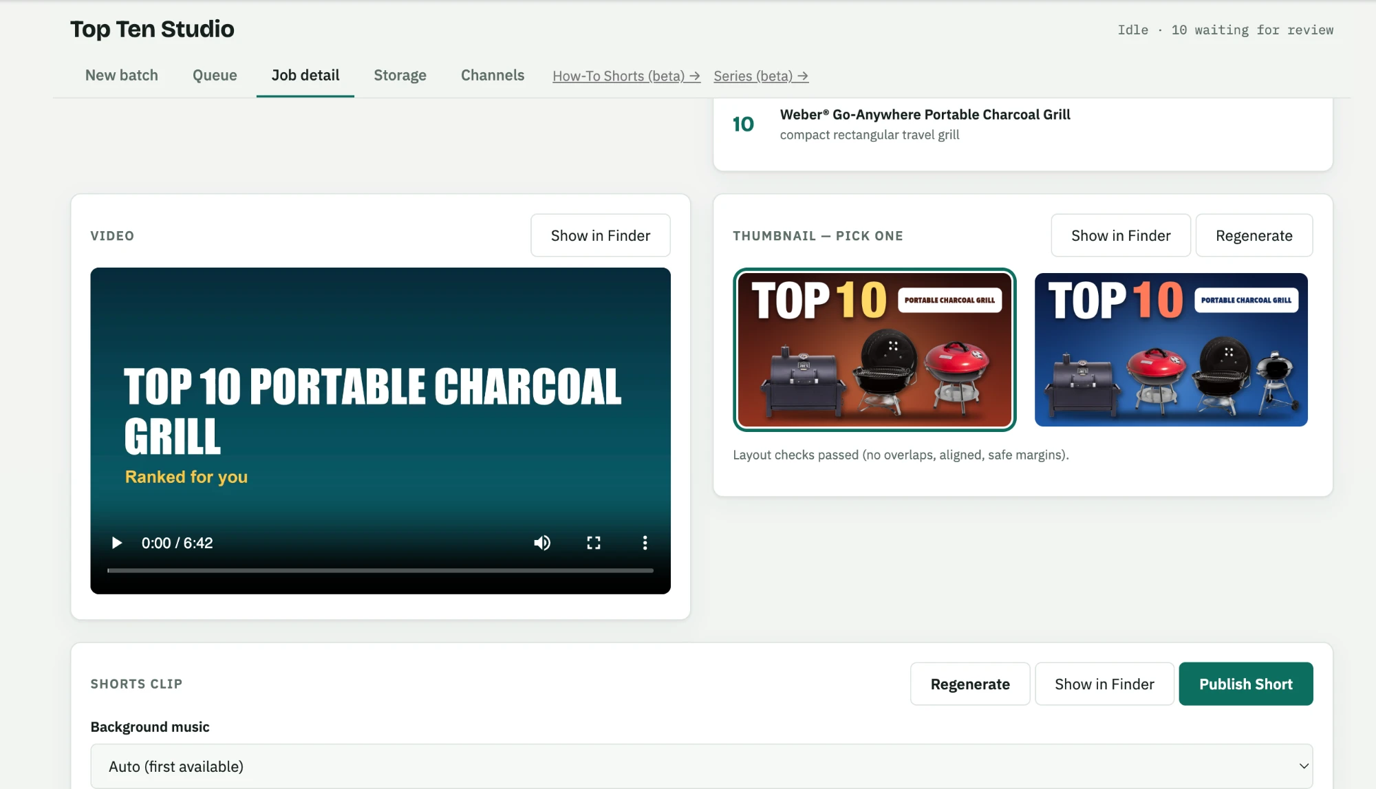 Top Ten Studio review screen: rendered video player with the finished video loaded, and two auto-generated, layout-checked thumbnails