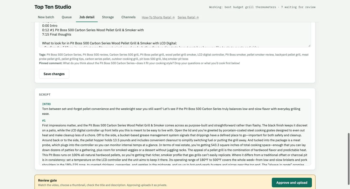 Generated review script shown in full, with chapter markers, tags and editable title/description