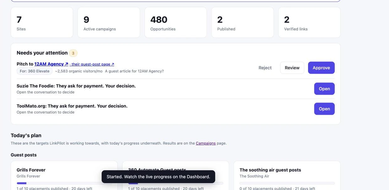 LinkPilot dashboard with live campaign and opportunity counts
